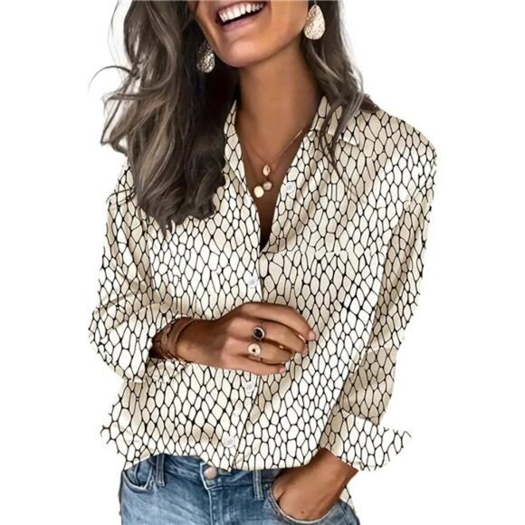 Tops - Satin Blouses Beige and Black Silk Button Down Shirts Long Sleeve Business